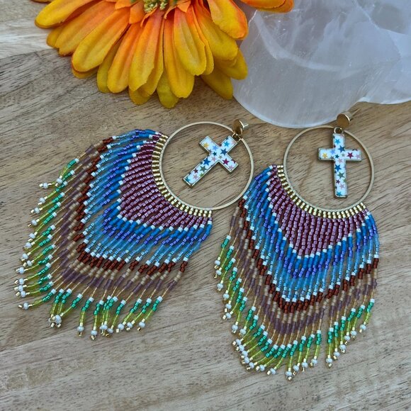 Handmade Beaded Long Faith Fringe Cross Dangle Drop Lightweight Post Earrings - Picture 6 of 11
